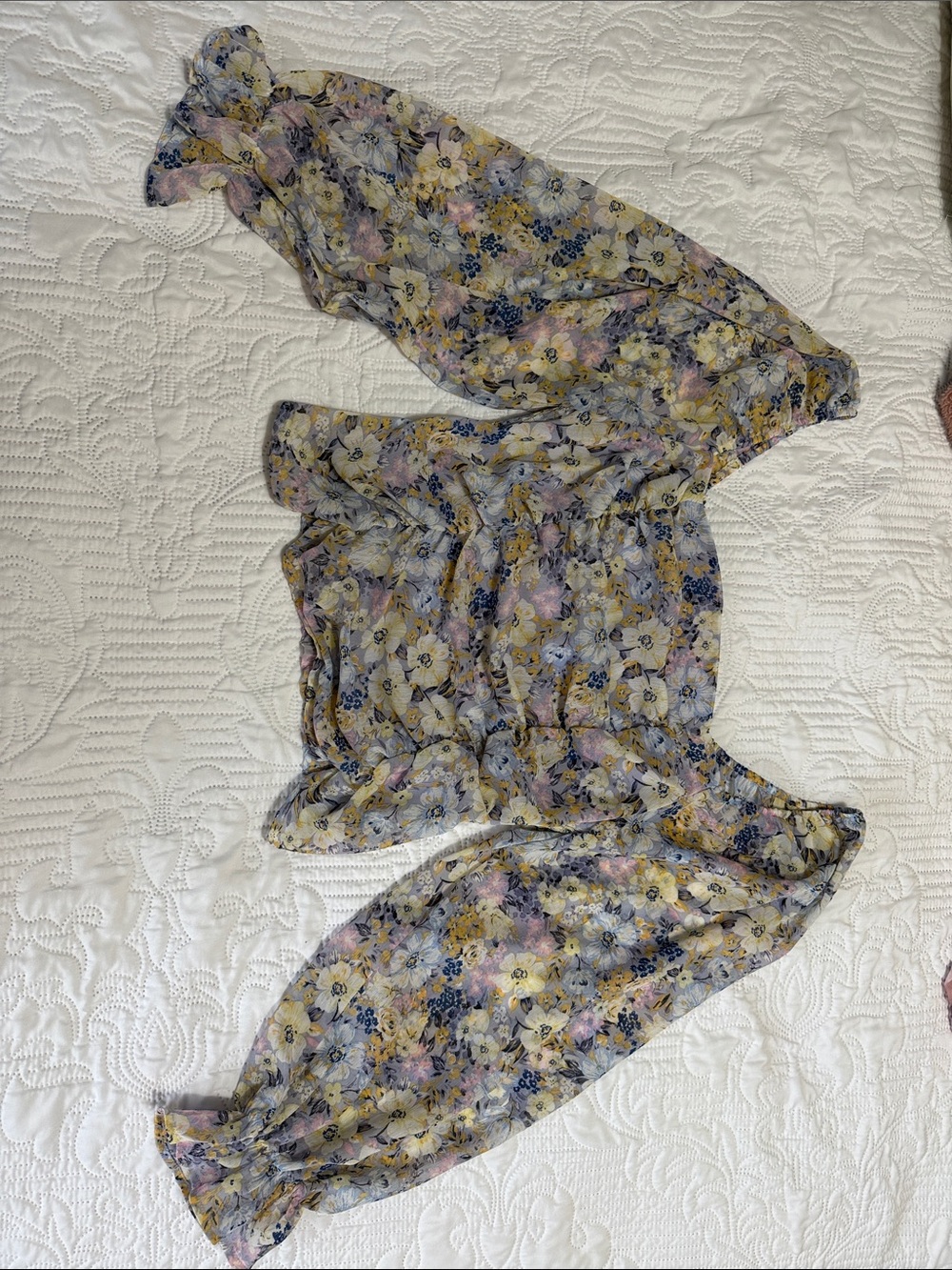 Pleione Floral Off-Shoulder Sheer Top in Yellow, Blue and Pink